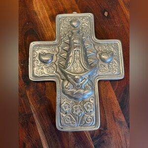 Pewter Wall Cross Depicting Virgin Mary Lady Of Guadalupe Floral Birds Religious
